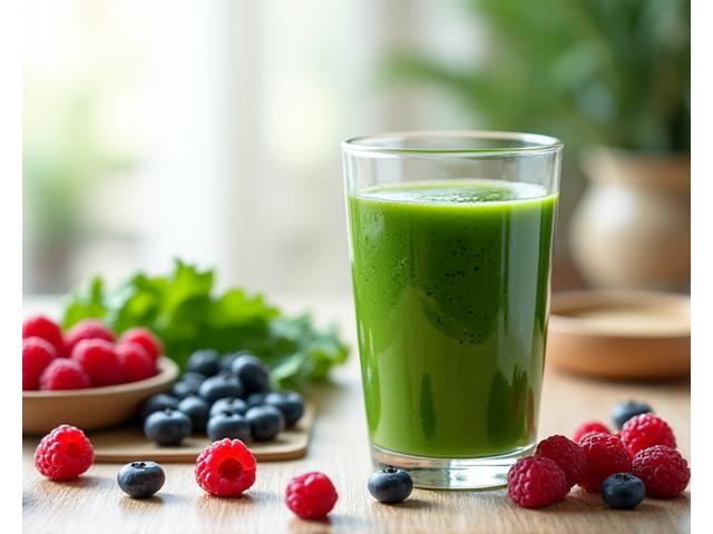 A vibrant green smoothie, fresh berries, and leafy greens, symbolizing healthy nutrition.