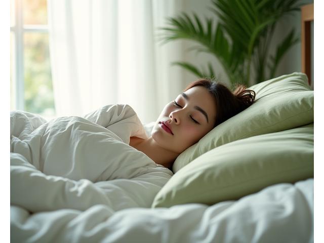 A person sleeping peacefully in a comfortable bed, bathed in soft morning light.