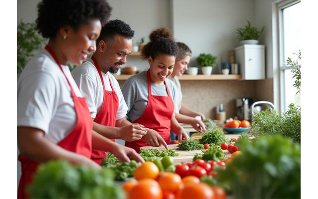 Adults laughing and chopping vegetables together in a modern, brightly lit kitchen during a cooking class focused on whole foods.