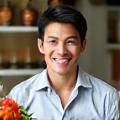Portrait of Chef Aaron Chen, a friendly and energetic nutrition coach, holding a vibrant green smoothie.