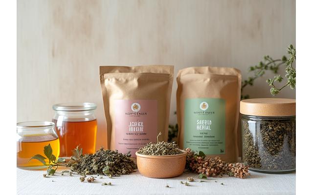 A beautifully arranged collection of artisanal herbal tea blends in minimalist, eco-friendly packaging.