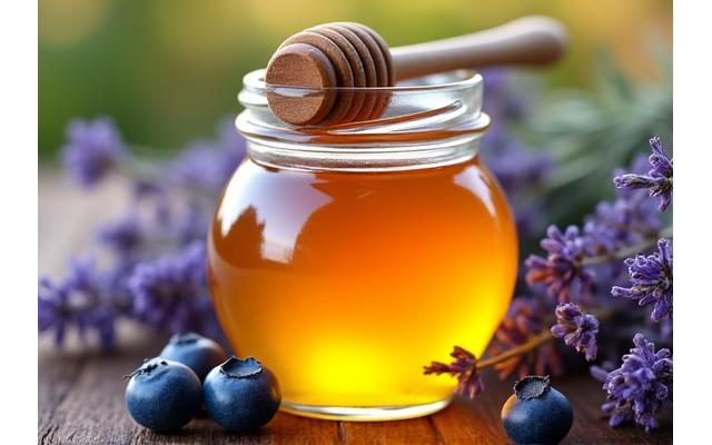 A jar of golden honey with a wooden dipper, surrounded by fresh lavender and blueberries, symbolizing natural sweetness and local produce.