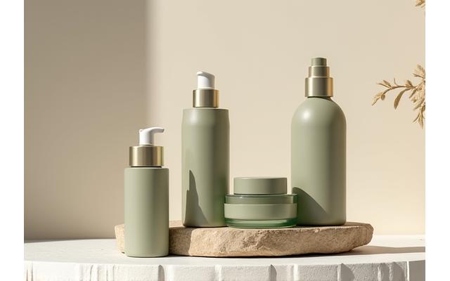 A set of elegant, minimalist natural skincare bottles and jars on a smooth, pebble-like surface, with soft, diffused lighting.
