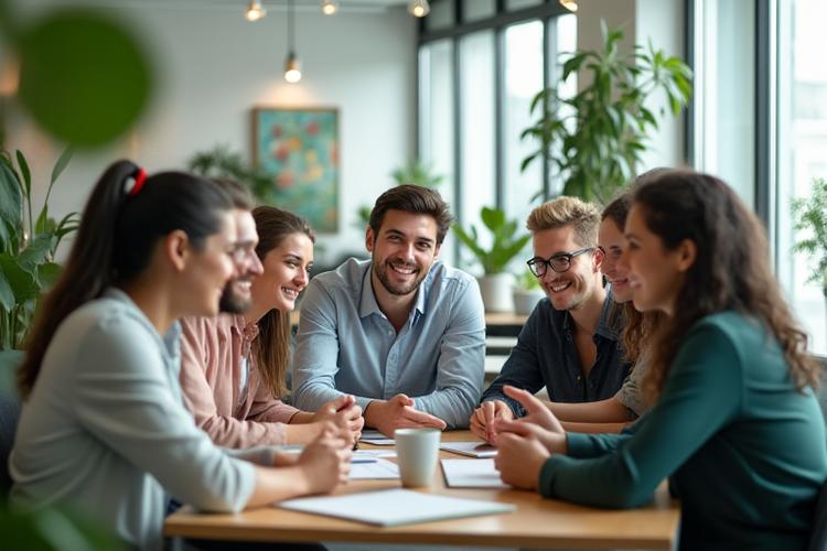 Diverse group of professionals collaborating and smiling in a modern, plant-filled office space, representing corporate wellness.